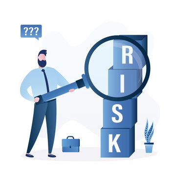 Investor or businessman research financial risks. High risk high return stock market investments. Trade off of risky investment asset rewarding growth return.