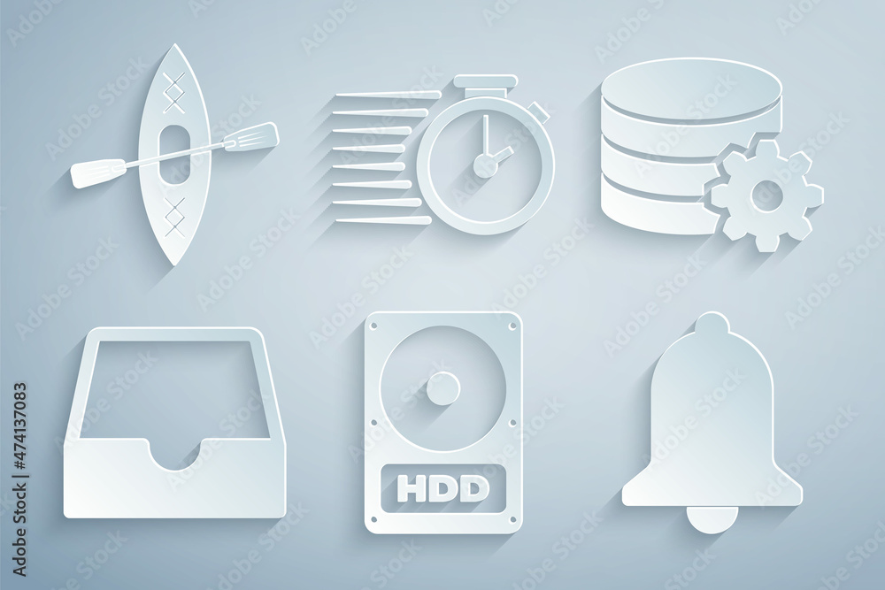 Poster set hard disk drive hdd, setting database server, social media inbox, ringing bell, stopwatch and ka