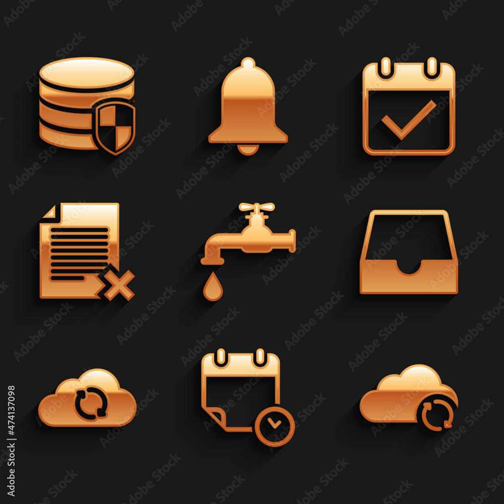 Poster set water tap, calendar and clock, cloud sync refresh, social media inbox, and delete file document 