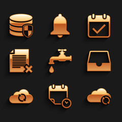 Set Water tap, Calendar and clock, Cloud sync refresh, Social media inbox, and Delete file document icon. Vector
