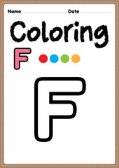 Letter f alphabet coloring worksheet page for preschool, kindergarten & Montessori kids to learn and practice writing, drawing and coloring activities to develop creativity, focus and motor skills.