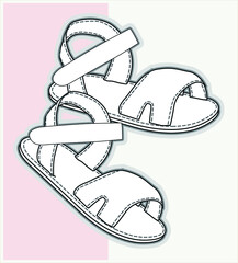 Baby girl shoes flat sketch, vector illustration, shoe design, baby shoes technical drawing