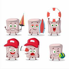 Obraz premium Happy Face strawberry marshmallow cartoon character playing on a beach