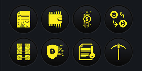 Set Mining farm, Cryptocurrency exchange, Shield with bitcoin, Smart contract, circuit and wallet icon. Vector