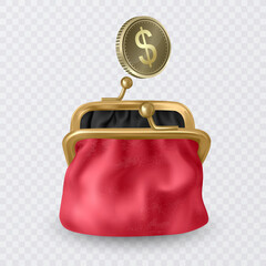 Red wallet in realistic style with a dollar coin, vector format