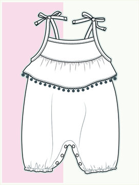Baby clothes flat sketch template isolated. Baby girl clothes design Vector. Baby fashion. You can use it as a base in your collection. You can color each different part of the outfit separately