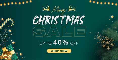Fototapeta na wymiar Merry Christmas sale web banner template with giftbox ,star, tree green background