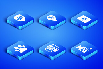 Set Dog medicine bottle and pills, Animal health insurance, Clinical record pet on monitor, Paw print, Location veterinary and icon. Vector