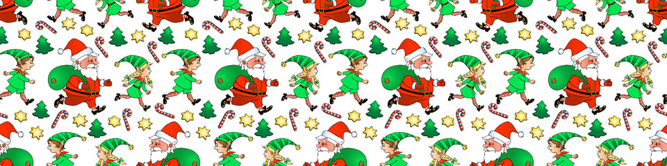 Vector seamless pattern with Santa Claus and his Christmas elves. New year Xmas backgrounds and textures. For greeting cards, wrapping paper, packaging, textile, fabric, prints.