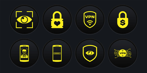 Set Mobile and face recognition, Money lock, password, Shield eye, with VPN wireless and Padlock heart icon. Vector