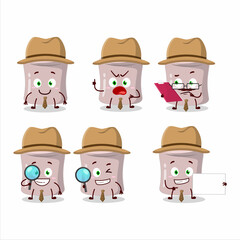 Detective strawberry marshmallow cute cartoon character holding magnifying glass