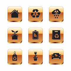 Set House, Tag with recycle, Electric saving plug in pot, Eco nature leaf and battery, friendly house, Acid rain radioactive cloud, car drive and Battery icon. Vector