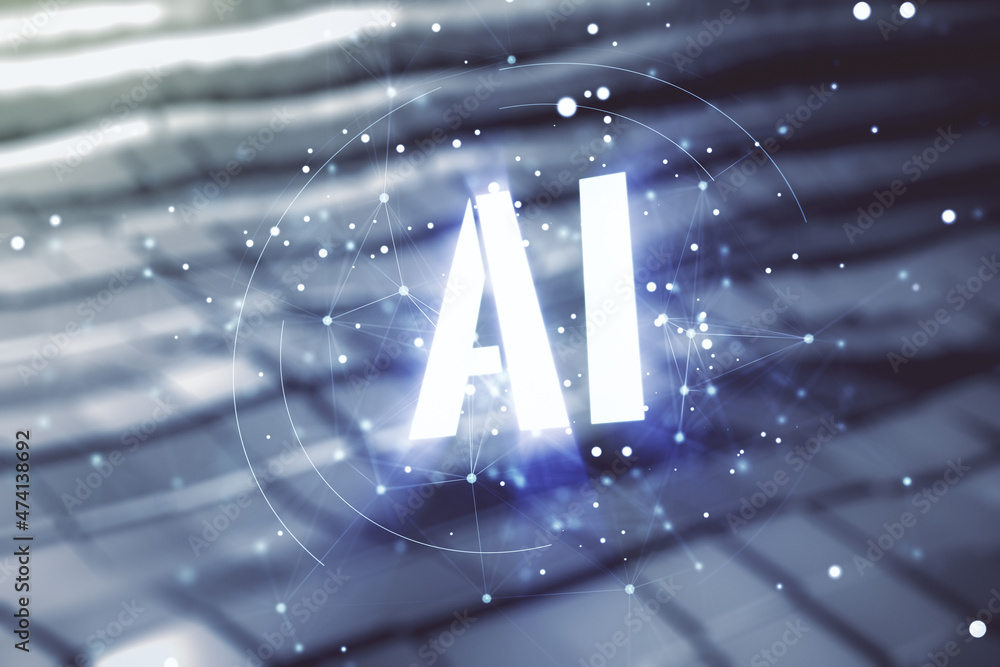 Aufkleber Abstract virtual artificial Intelligence symbol hologram on blurry abstract metal background. Multiexposure