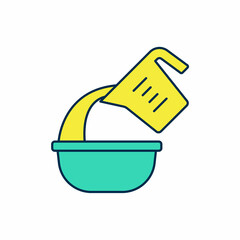 Filled outline Measuring cup pouring liquid into bowl icon isolated on white background. Plastic graduated beaker with handle. Vector