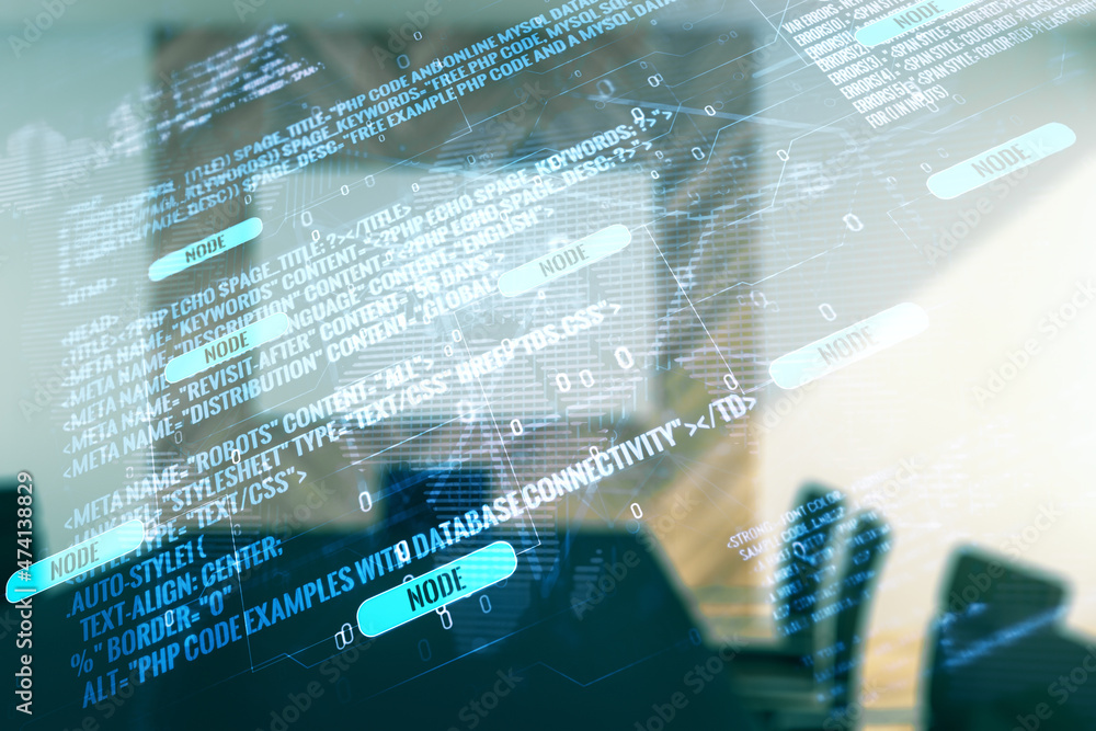 Poster abstract virtual coding concept and world map hologram on a modern conference room background. multi