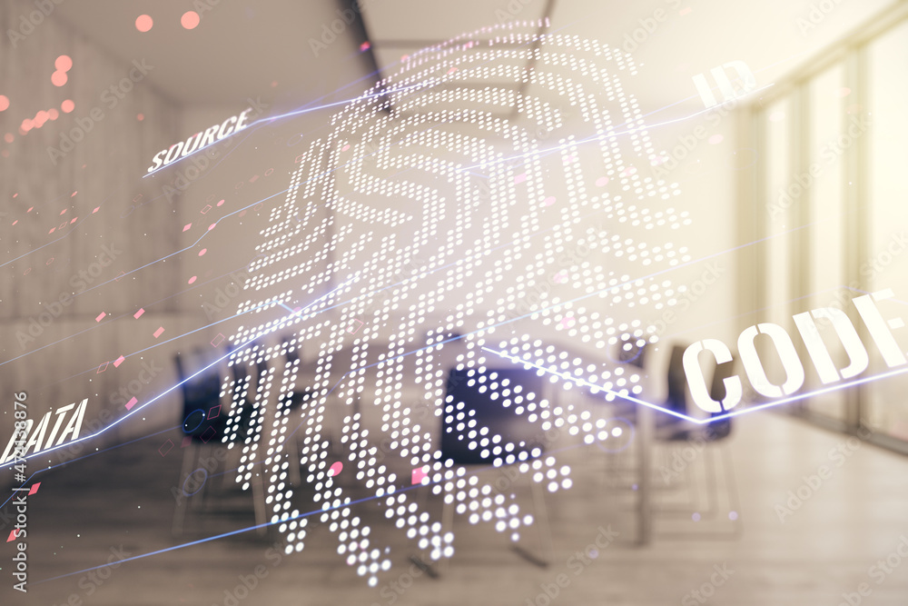 Poster Multi exposure of virtual abstract fingerprint illustration on a modern conference room background, digital access concept