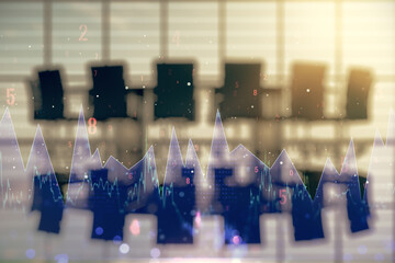 Double exposure of abstract virtual statistics data hologram on a modern meeting room background, statistics and analytics concept