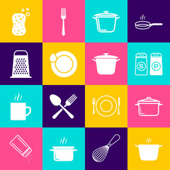 Set Cooking pot, Salt and pepper, Washing dishes, Grater, Sponge with bubbles and icon. Vector