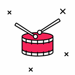 Filled outline Drum with drum sticks icon isolated on white background. Music sign. Musical instrument symbol. Vector