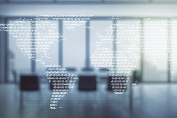 Abstract creative digital world map on a modern coworking room background, globalization concept....