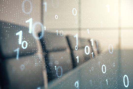Abstract virtual binary code sketch on a modern boardroom background, hacking and matrix concept. Multiexposure