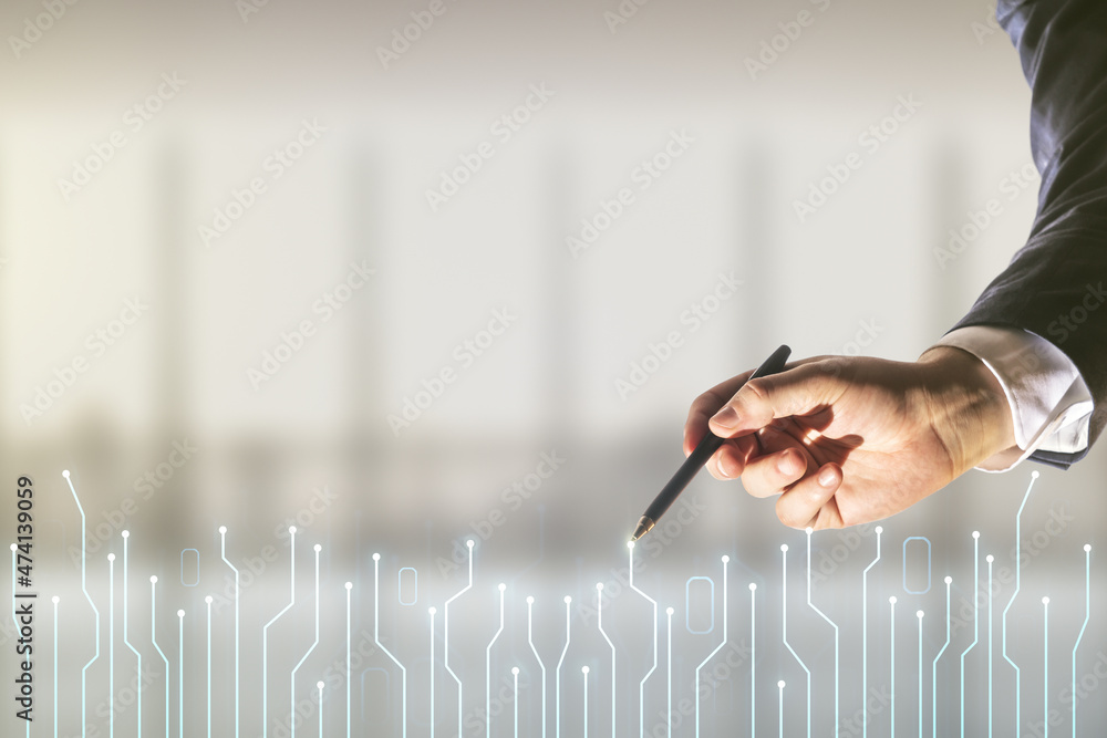 Poster man hand with pen draws abstract virtual microscheme illustration on blurred office background. big 