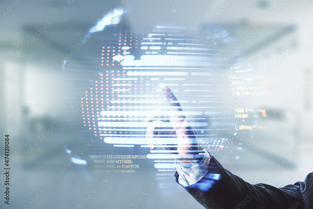 Aufkleber Double exposure of male hand presses on abstract programming language and world map on blurred office background, research and development concept