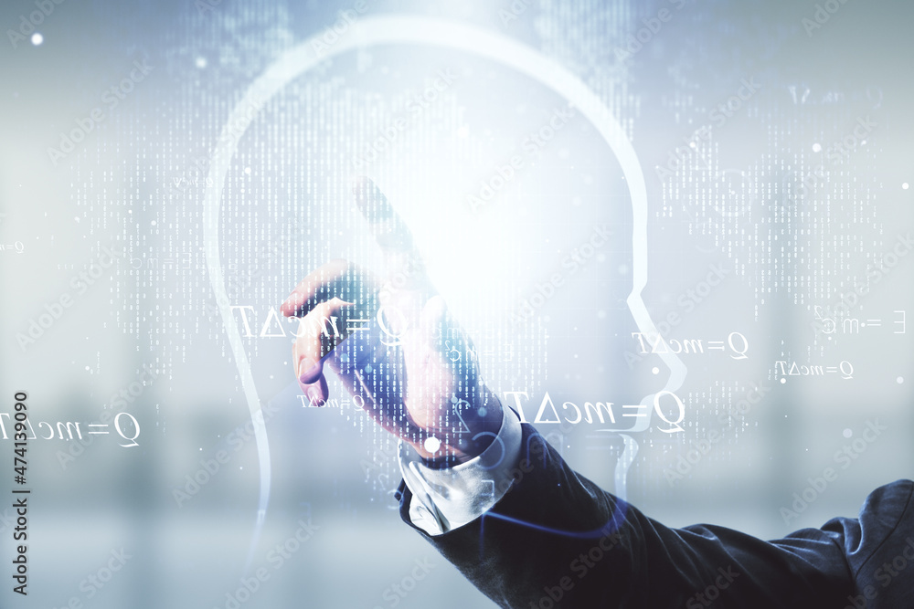 Poster man hand clicks on abstract virtual artificial intelligence concept with human head sketch on blurre
