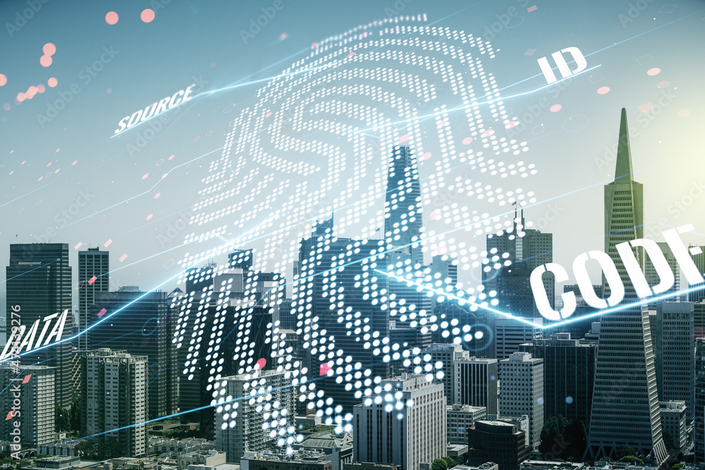 Poster multi exposure of virtual graphic fingerprint sketch on san francisco cityscape background fingerpri