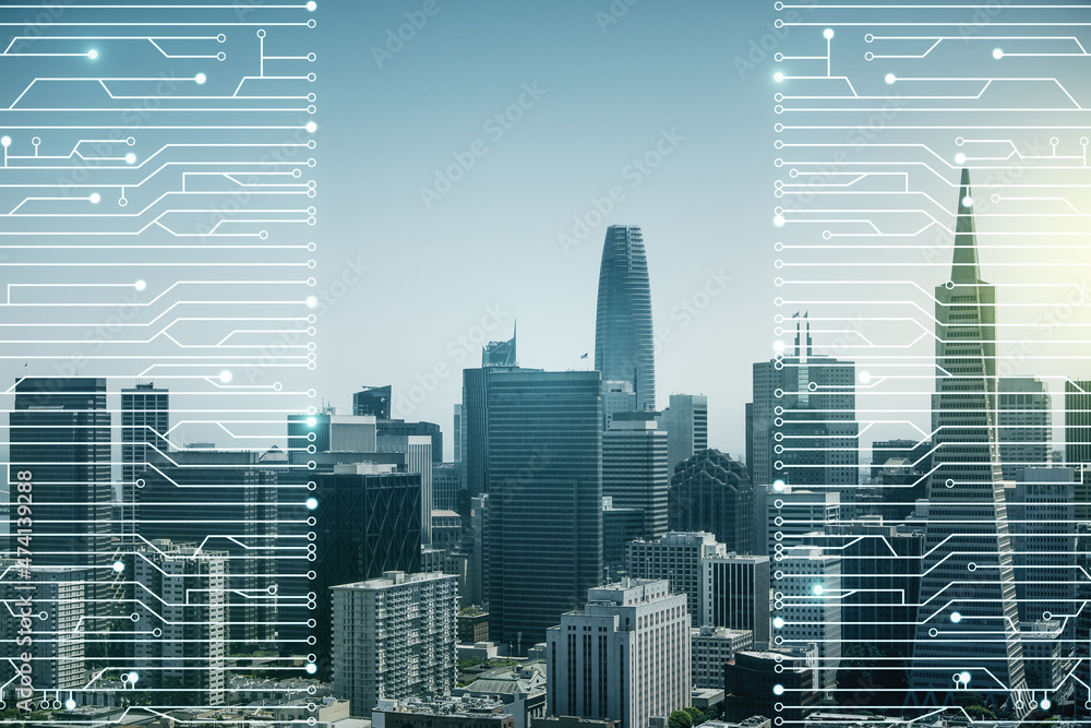 Poster abstract virtual micro chip hologram on san francisco cityscape background, artificial intelligence 