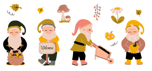 Set of garden gnomes with a basket of apples, a pumpkin and a wheelbarrow with the ground, banner, mushroom, leaves. Collection cute little peoples . Vector illustration.