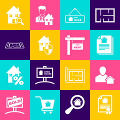 Set House contract, Realtor, Hanging sign with For Sale, under protection, plan, Search house and Rent icon. Vector