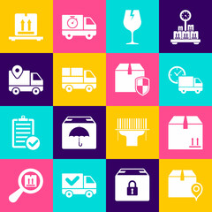 Set Location with cardboard box, Cardboard traffic, Delivery truck and clock, Fragile broken glass, boxes, tracking, pallet and security shield icon. Vector