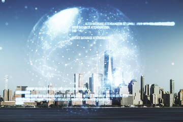Multi exposure of abstract software development hologram and world map on New York city skyscrapers background, global research and analytics concept