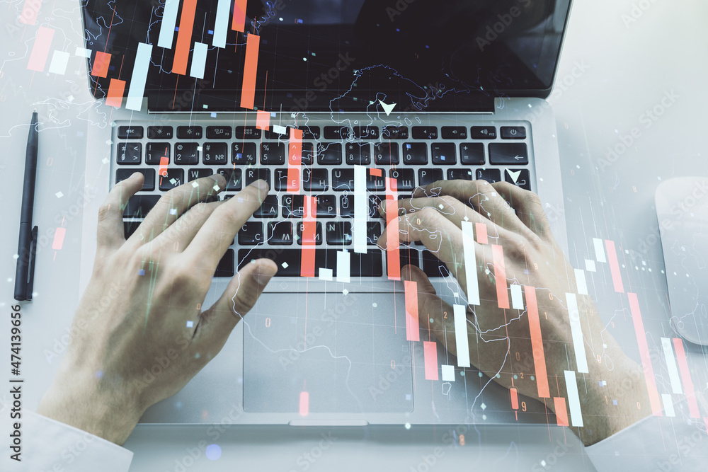 Poster creative abstract economic crisis chart with world map hologram and with hands typing on computer ke