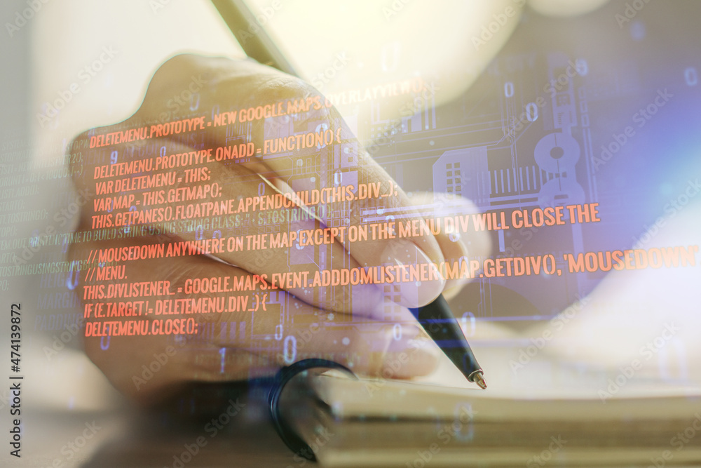 Poster multi exposure of abstract graphic coding sketch with man hand writing in diary on background, big d