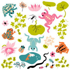 Frog set. Vector bundle with snake, water striders, fly, beetles,  leaves, flowers, lotus, Water Lillies, waves.  Perfect for cards, wrapping paper, printing on the fabric, design package and cover