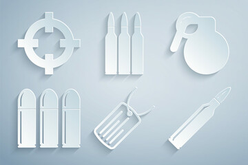Set Military dog tag, Hand grenade, Bullet, and Target sport icon. Vector