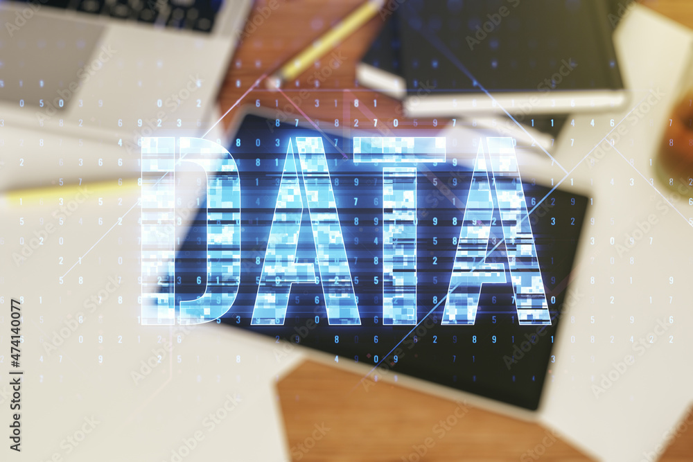 Poster creative data word hologram and modern digital tablet on background, big data and blockchain concept
