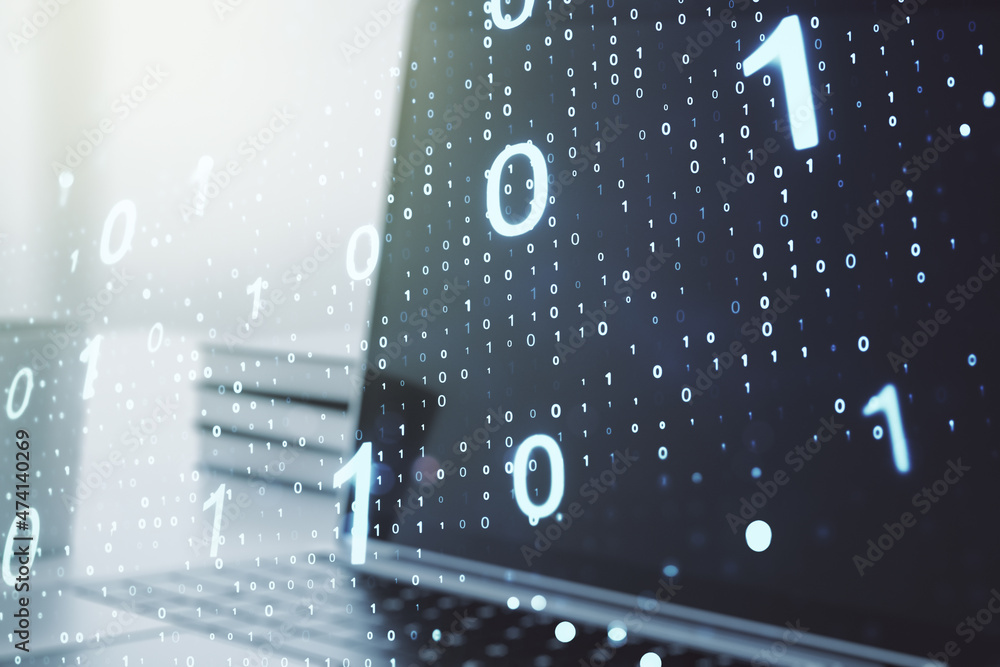 Poster creative abstract binary code hologram on modern computer background, ai and machine learning concep