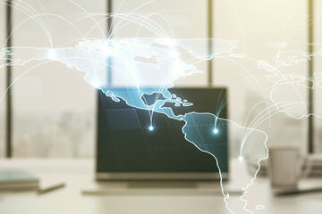 Double exposure of abstract digital world map with connections on computer background, big data and blockchain concept