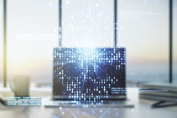 Creative code skull sketch on modern laptop background, theft of personal data and malware concept. Multiexposure