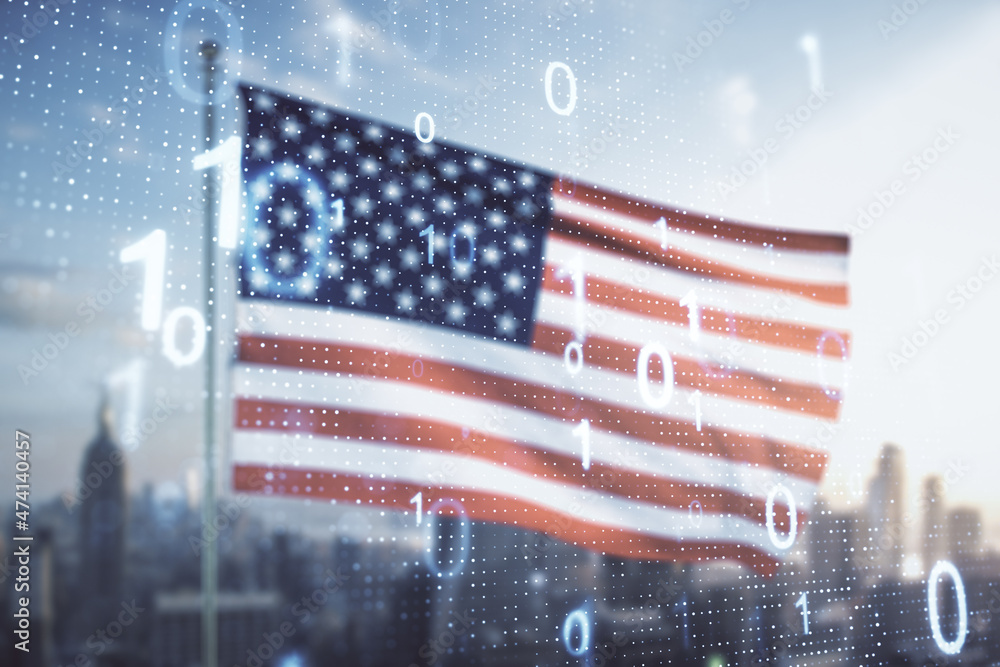 Leinwandbilder Abstract virtual binary code hologram on US flag and skyline background, AI and machine learning concept. Multiexposure