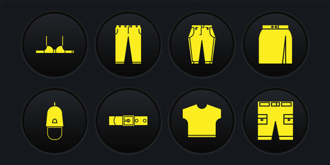 Set Police cap with cockade, Skirt, Leather belt, T-shirt, Pants, Short or pants and Bra icon. Vector