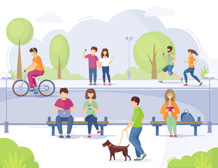 Fototapeta premium People with bicycles in city park, walking on street, photography selfie, running, talk phone, listen to music.