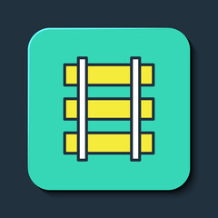 Filled outline Railway, railroad track icon isolated on blue background. Turquoise square button. Vector