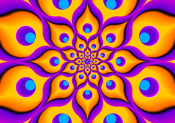 Yellow and purple flower from feathers of peacock. Flower blossom. Optical expansion illusion.