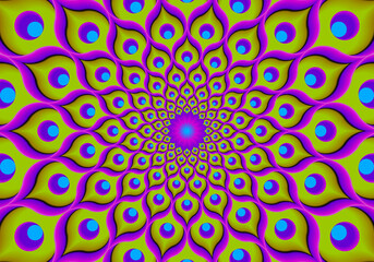 Green flower from feathers of peacock. Flower blossom. Optical expansion illusion.