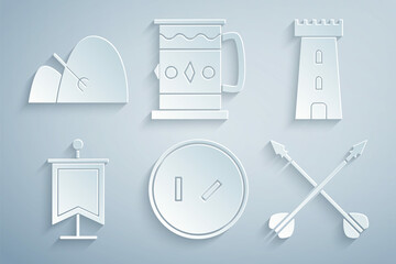 Set Round wooden shield, Castle tower, Medieval flag, crossed arrows, Wooden mug and Bale of hay and rake icon. Vector