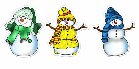 3D rendering. A creative composition with a set of Christmas-themed stickers. Snowmen close-up on a white background. Illustrations for printing and clippings.